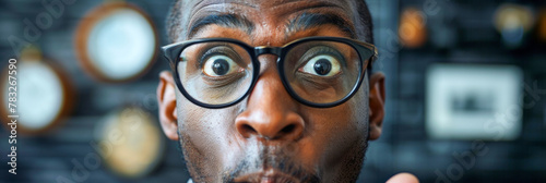 Surprised African American Man with Oversized Glasses on Abstract Background