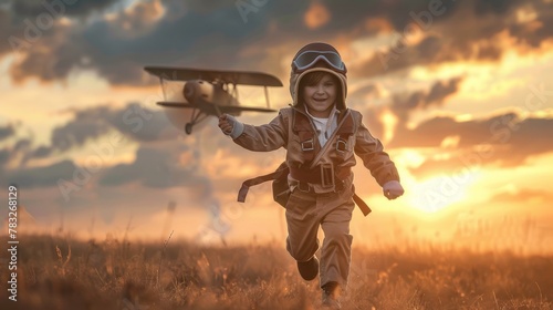 A young boy joyfully runs through a field in Airplane pilot suit cloth, holding a toy airplane in his hand. His face is filled with excitement as he imagines soaring through the sky.