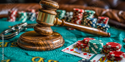 Legal Gavel and Handcuffs on Gambling Table with Chips and Cards