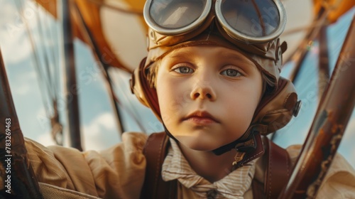 A young boy is seen wearing a pilots helmet and goggles, exuding a sense of adventure and curiosity. He appears ready to take on exciting pretend flights in his imagination.