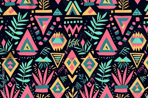 A seamless repeating pattern of hand-drawn tribal motifs in bright colors. The pattern is made up of geometric shapes, including triangles, diamonds, and zigzags, as well as stylized leaves and flower