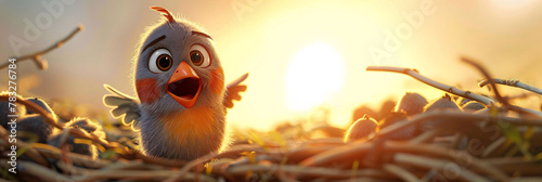 Baby Bird Singing at Sunrise in Nest