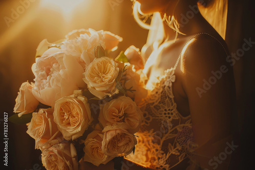 An ethereal silhouette of a bride clutching her bouquet as the sun sets, casting a dreamlike glow on the scene