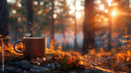 Forest morning light warms steamy cup on autumn stump
