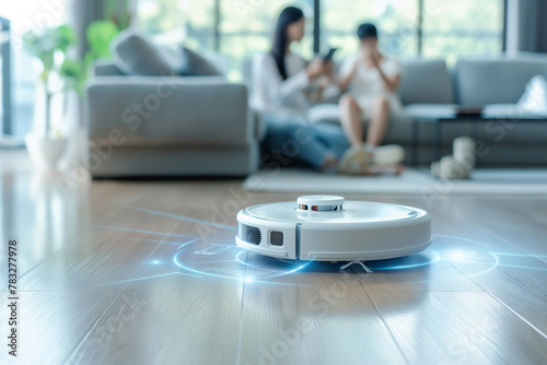 Futuristic vacuum hoover cleaning machine robot on schedule in a living room with HUD data and control with wireless.