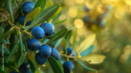 Sunlit Olive Branch with Ripe Fruits and Glistening Bokeh 