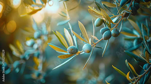 Sunlit Olive Branch with Ripe Fruits and Glistening Bokeh 