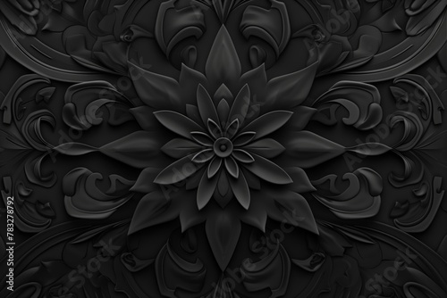 A dynamic 3D baroque damask pattern on a black backdrop, perfect for adding depth to luxury interiors, exclusive packaging, or bold graphic designs.
