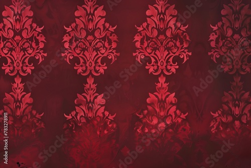 An ornate red damask pattern set against a dark background creates a sumptuous wallpaper ideal for adding a touch of elegance.