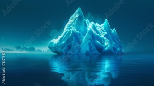 A large iceberg floats in the dark ocean waters at night, illuminated by the moonlight. The ice mass stands out against the black background, its jagged edges and massive size creating a striking