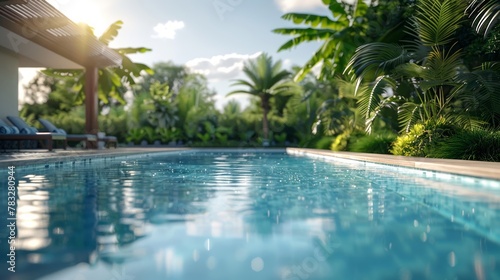 Luxurious backyard pool glistens under clear blue skies