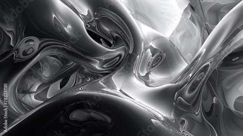 A grayscale abstract composition with fluid forms and organic shapes