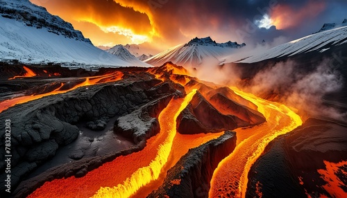 Majestic mountains where fire and ice coexist. Streams of lava flow beside frozen rivers, 