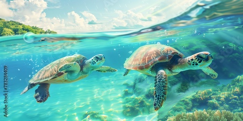 Sea Turtles Swimming Near Coral Reef Under Clear Water