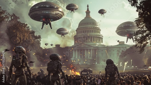 White House Attacked by an aliens. People standing in front of building in Washington, DC, USA. The people are looking towards the camera, some talking amongst themselves, while others are taking