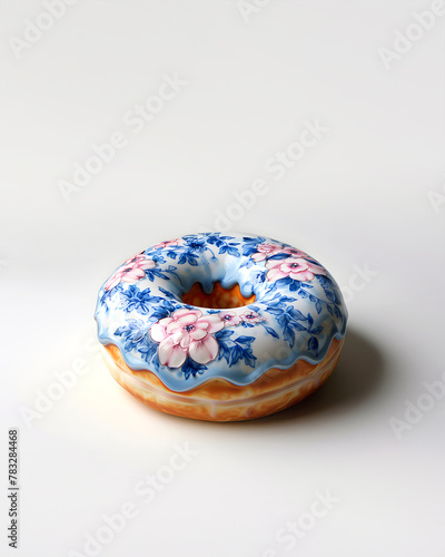 Glazed donut, creative aesthetic romantic pattern dessert, Delft blue pottery.