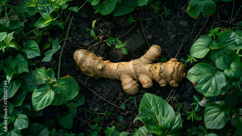 ginger root lying on the ground by green foliage