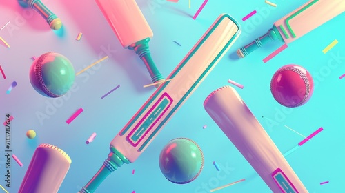 Cricket bats and balls in a futuristic style 3D style isolated flying objects memphis style 3D render AI generated illustration