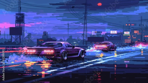 Drag racing cars in a pixelated scene AI generated illustration