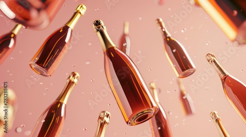 Elegant champagne bottles in a memphis style design 3D style isolated flying objects memphis style 3D render AI generated illustration