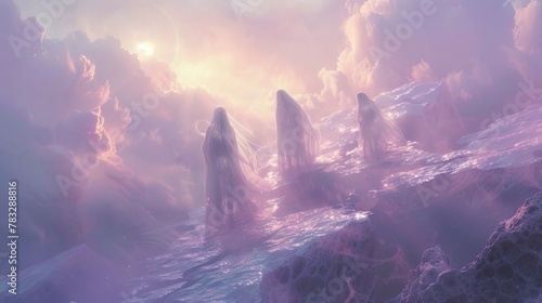 Ethereal beings cloaked in frosty veils drifting through a pastel dreamscape AI generated illustration