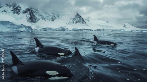 A group of orca whales, also known as killer whales, gracefully swimming in the ocean waters. The powerful marine mammals are easily identifiable by their distinctive black and white coloration as