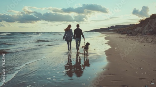 A man and a woman are strolling along a sandy beach with their dog. The couple and their pet are enjoying a leisurely walk by the ocean on a bright day.