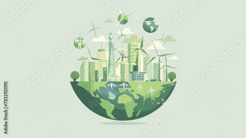 Green Cityscape and Windmills - Eco-Friendly Earth Vector Illustration， sustainable cities and society for earth day
