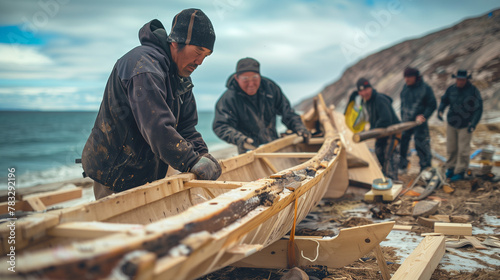 Construction of an Inuit qamutiik sled with skilled craftsmen shaping wood and lashing together sled components