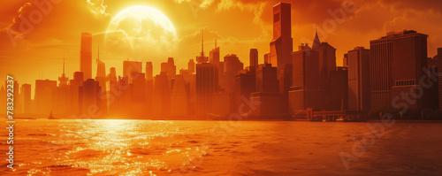 Illustration of heatwave gripping a city skyline, with shimmering heat waves and residents seeking relief from sweltering temperatures.