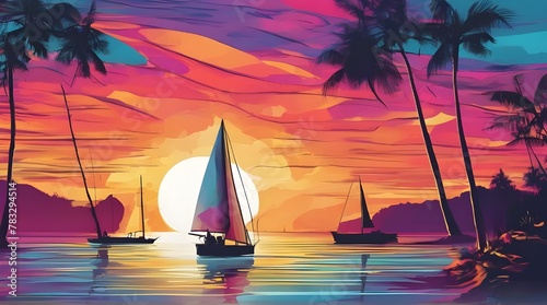A sailboat and two passengers are seen in front of a colorful graphic sunset design in an illustration about vacation and travel and boating. generative.ai 