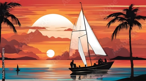 A sailboat and two passengers are seen in front of a colorful graphic sunset design in an illustration about vacation and travel and boating. generative.ai 