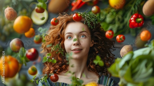 Whimsical Portrait of Woman Surrounded by Floating Fresh Produce