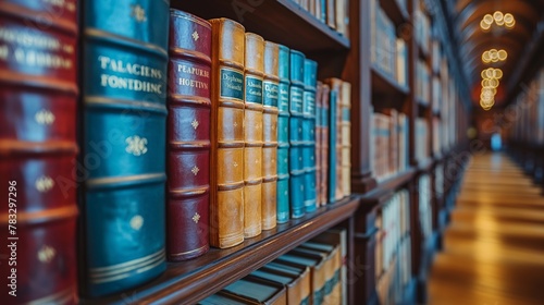 close-up of books on library shelves, education, knowledge
