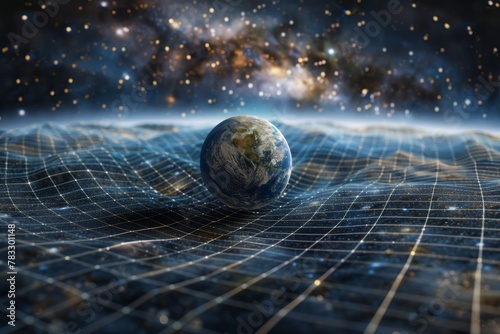 Representation of spacetime curvature, with the solar system's gravity force illustrating the bending of space by Earth, potentially representing gravity waves or relativity.