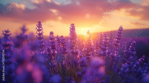 Lavender field sunset and lines. Beautiful lavender blooming scented flowers at sunset 