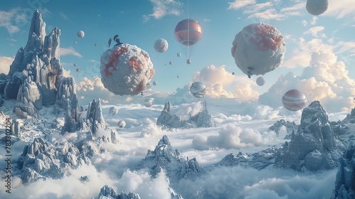 Flying objects in a dreamlike landscape AI generated illustration