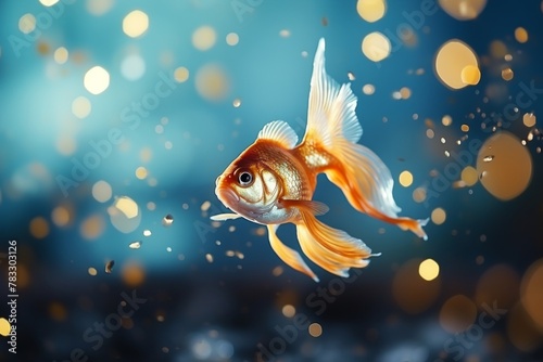 goldfish on a blue background with bokeh
