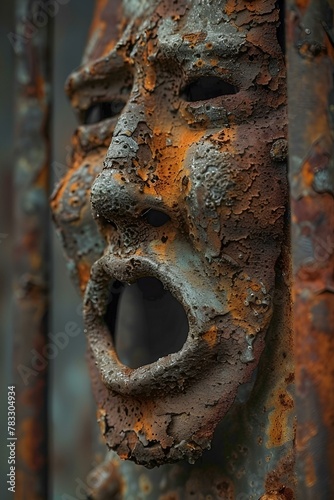 Stara zardzewiała maska przymocowana do metalowej bramy