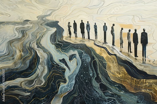 Abstrakcyjna ilustracja przedstawiająca sylwetki ludzi stojących na tle przypominającym marmur
