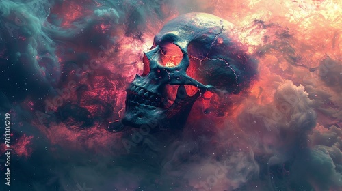 Corroding head consumed by an explosion of vivid cosmic mist, 2d illustrate fantasy