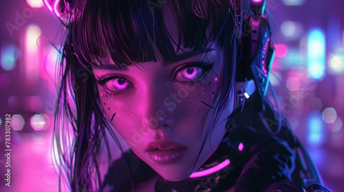 Envision a captivating fusion of gothic and cyberpunk influences in an anime-style artwork, featuring a charismatic gamer girl adorned with glowing neon accents and distinctive horns