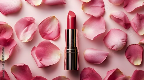 pink lipstick and rose petals