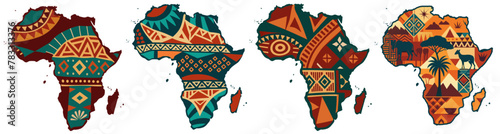 Continent Africa, abstract silhouette set of african map with geometric ethnic pattern and tribal traditional ornament. Stylized map of africa featuring traditional patterns, wildlife, and landscapes