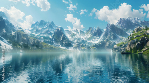 Lake with mountain view. AI.