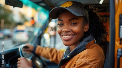 Happy black woman delivery driver driving delivery truck and looking at camera
