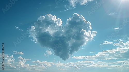 A heart-shaped cloud in a clear blue sky with the sun's rays