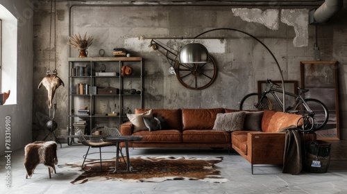 Modern Industrial Living Room with Leather Sectional Sofa AI Generated.