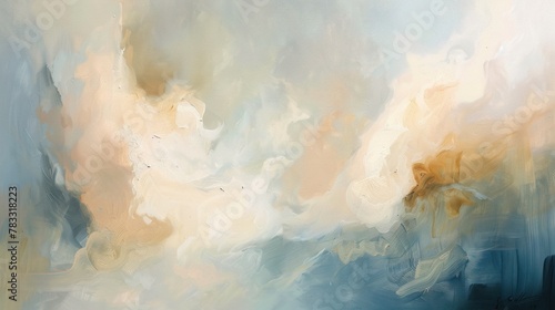 A painting of a sky with clouds in blue, white, and tan colors.