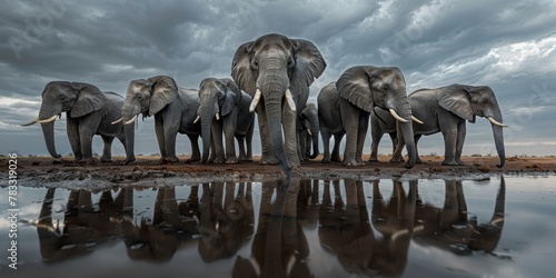 A group of elephants standing in a muddy pond. The elephants are all facing the camera, and the reflection of the elephants in the water creates a sense of depth and movement